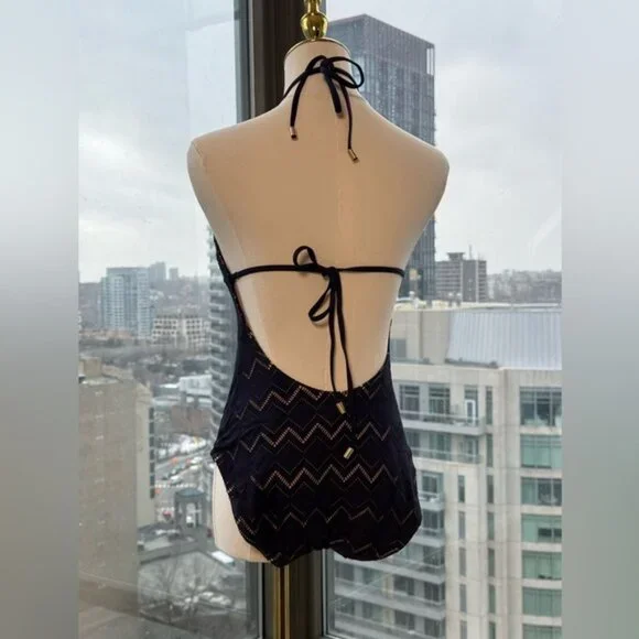 🆕 ZIMMERMANN 🧿NWOT Pointelle-Knit Halterneck Swimsuit, Plum-Navy, Sz 3 US 8/10 - Picture 5 of 14